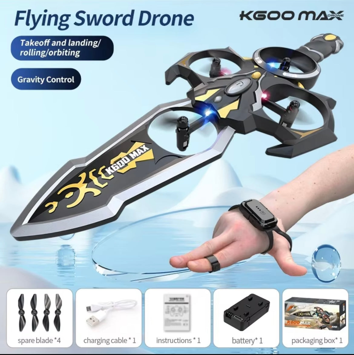 K600 Max Gesture Sensing Hand Controlled Flying Sword Drone 2.4g Dual Remote Control Watch And Handle Rc Toy For Kids Boys