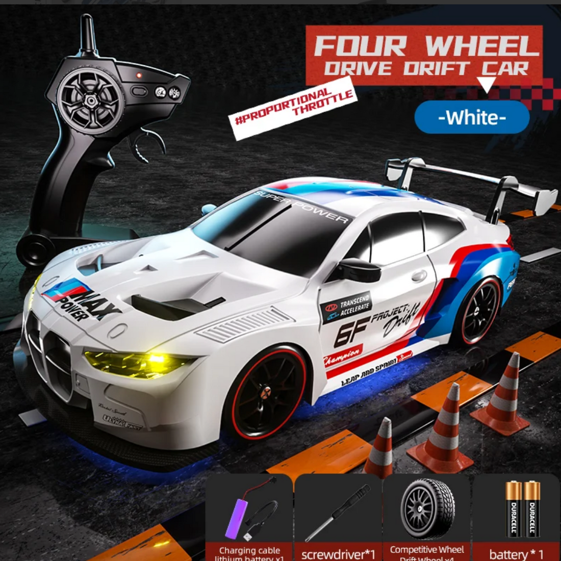 Remote Control Drift Car 4WD 2.4GHz 30KM/H High Speed Racing Sport Toy Car with LED Lights, Racing and Drift Wheels (8607-Black)