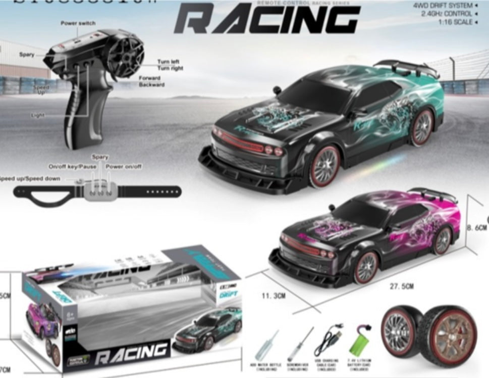 4WD remote-control drift racing car with a Dodge Challenger-inspired body design, smoke spray function, LED lights,
