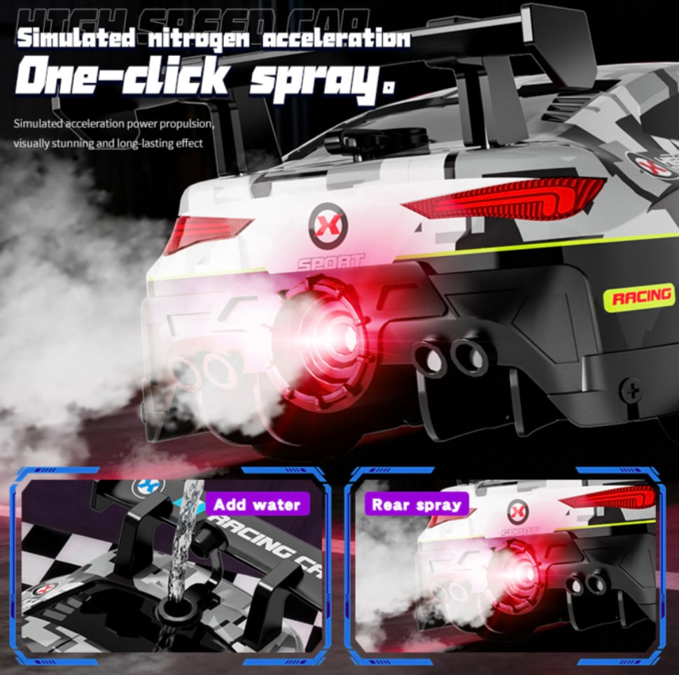 4WD remote-control drift racing car with a Dodge Challenger-inspired body design, smoke spray function, LED lights,