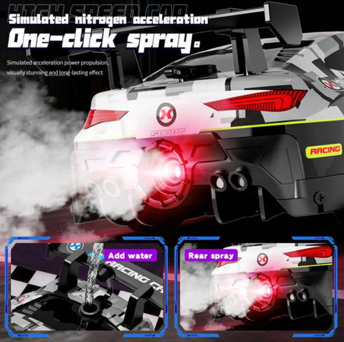 4WD remote-control drift racing car with a Dodge Challenger-inspired body design, smoke spray function, LED lights,