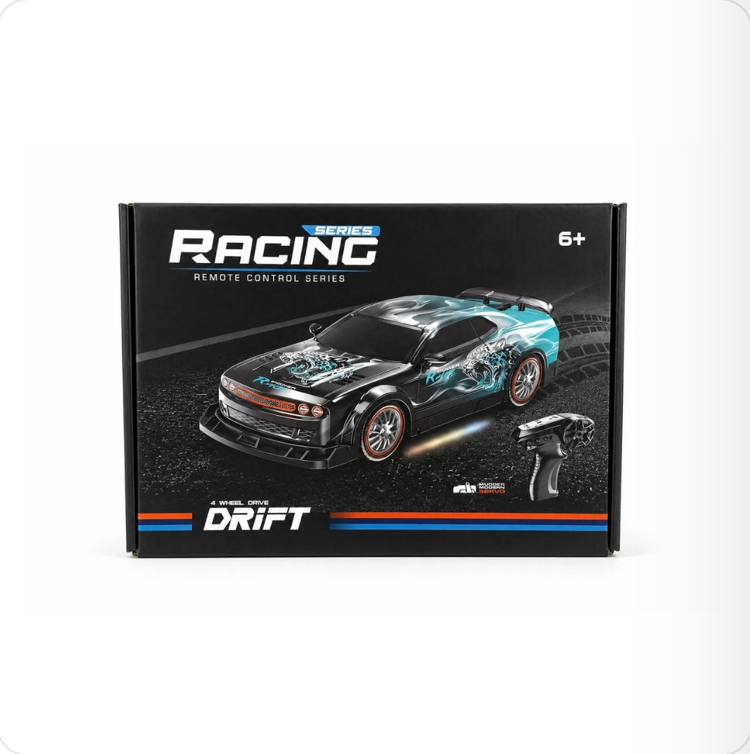 4WD remote-control drift racing car with a Dodge Challenger-inspired body design, smoke spray function, LED lights,