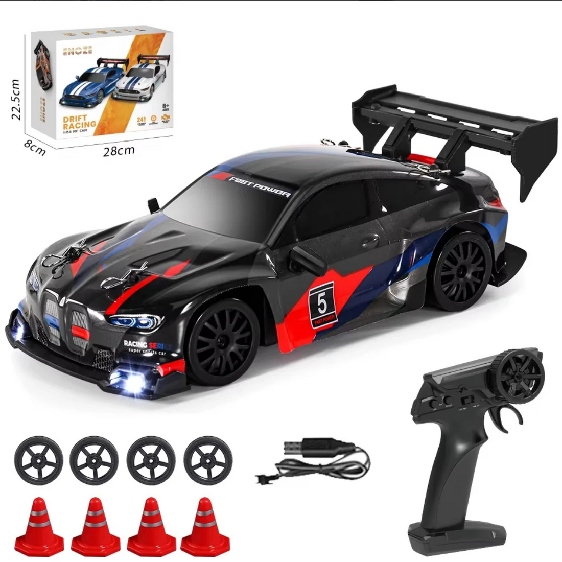 Remote Control Drift Car 4WD 2.4GHz 30KM/H High Speed Racing Sport Toy Car with LED Lights, Racing and Drift Wheels (8607-Black)